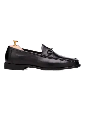 Mario Horsebit Moccasin Loafer - Black Leather (Silver Buckle)