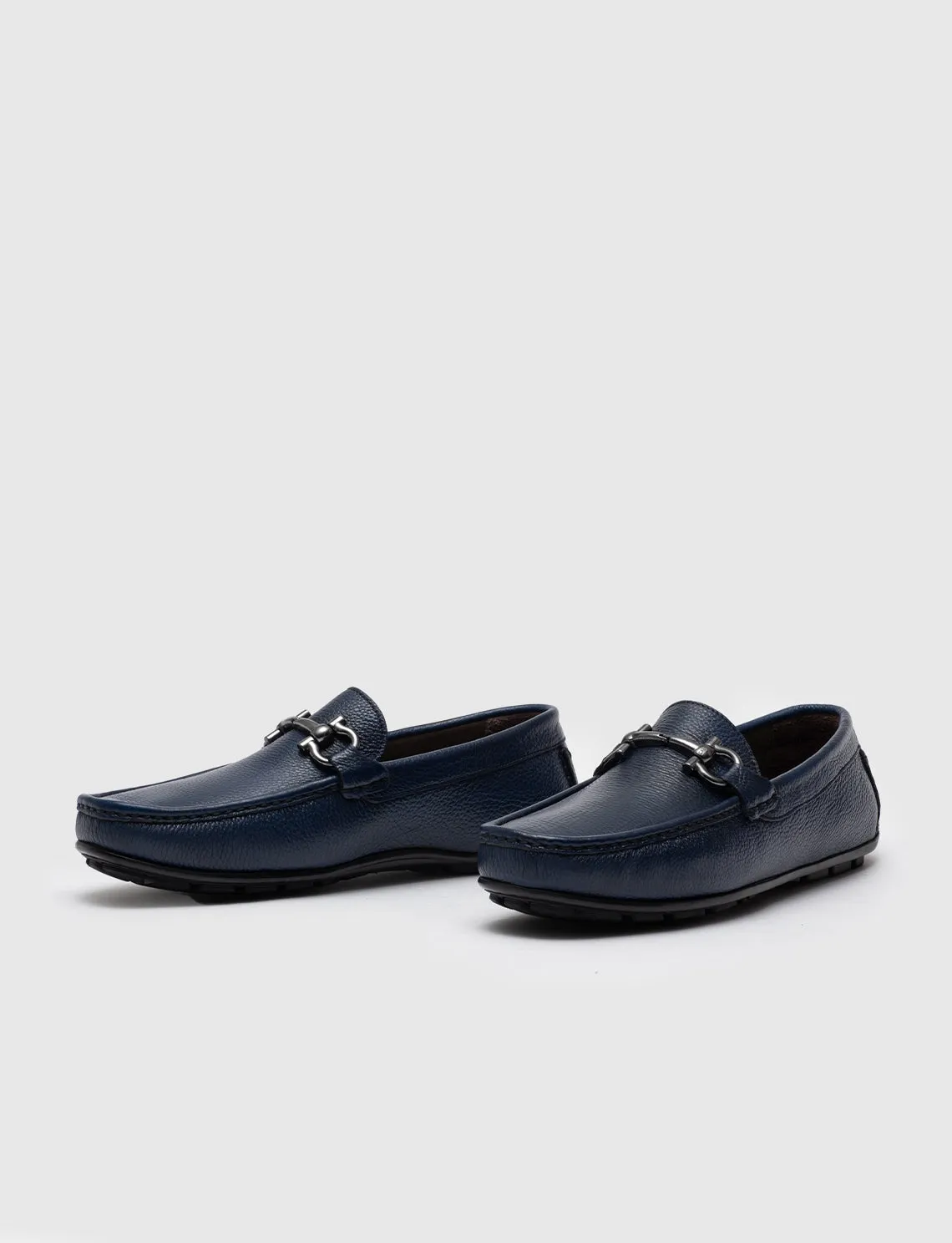 Men Blue Genuine Leather Moc Toe Bit Loafers