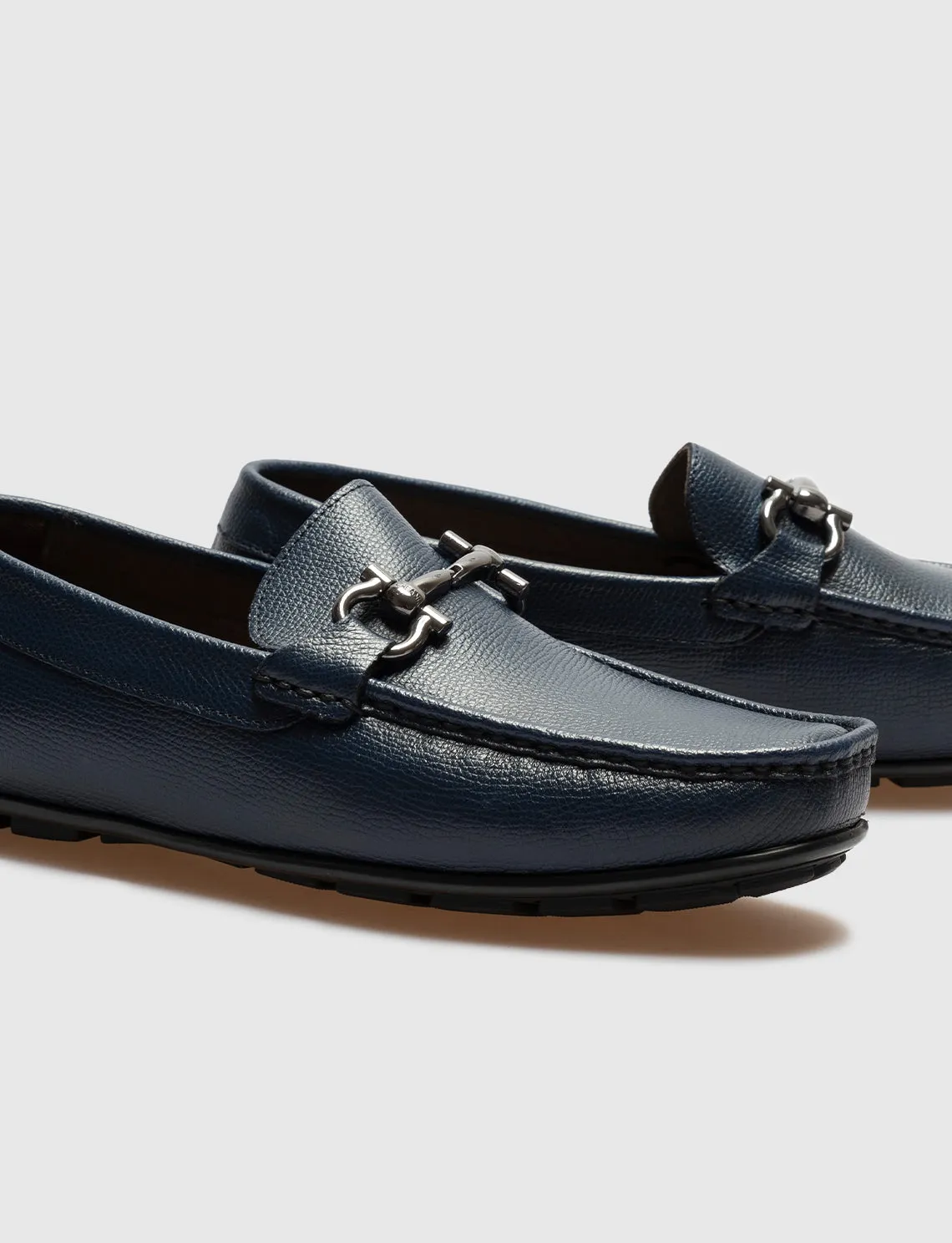 Men Navy Blue Genuine Leather Moc Toe Bit Loafers