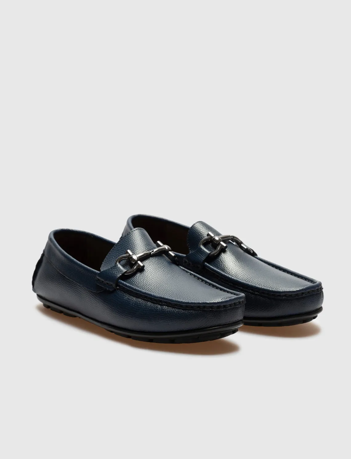 Men Navy Blue Genuine Leather Moc Toe Bit Loafers