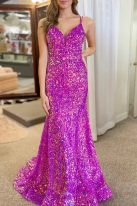 Mermaid Spaghetti Straps Sparkly Sequined Prom Dress