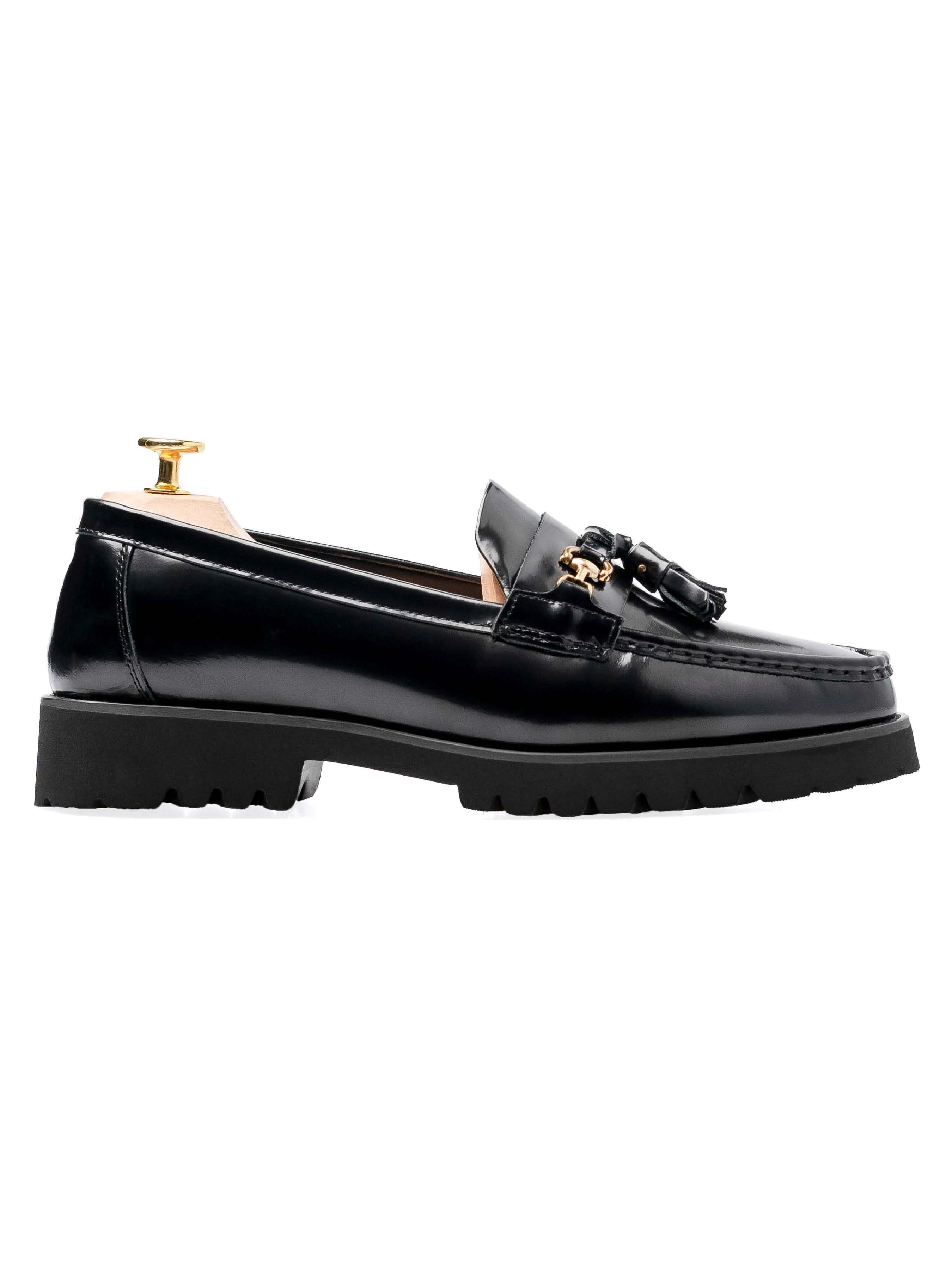 Tassel Moccasin Buckle Loafer - Black Patent Leather (Eva Combat)