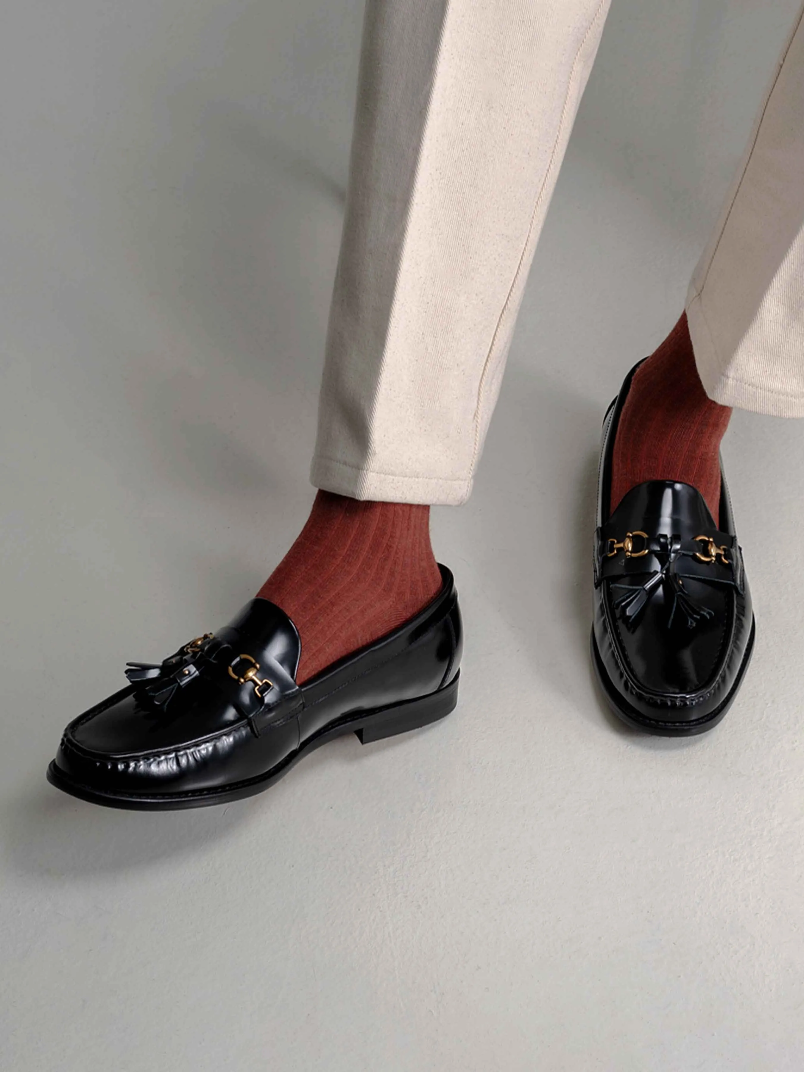 Tassel Moccasin Buckle Loafer  - Black Polished Leather