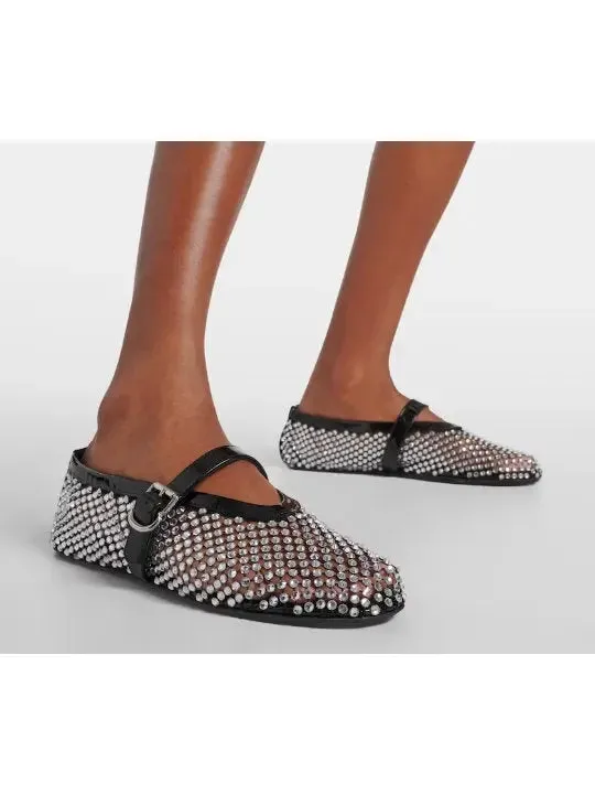 Women’s Ballet Flats in Fishnet and Strass