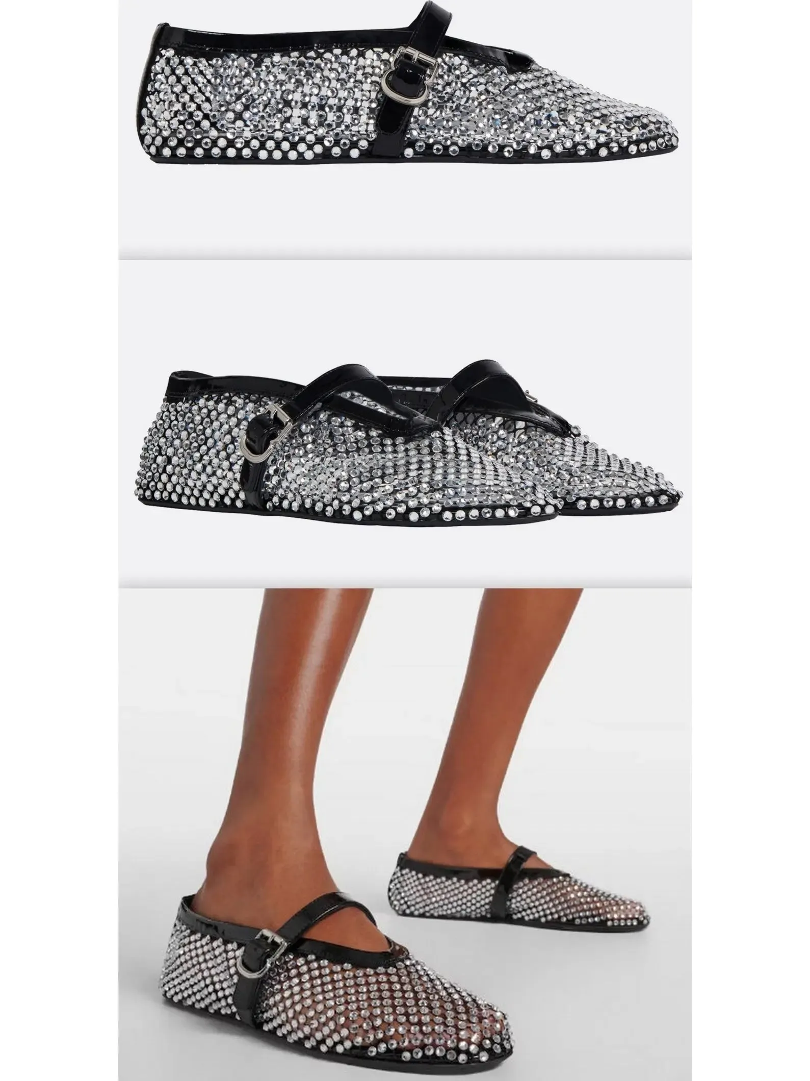 Women’s Ballet Flats in Fishnet and Strass