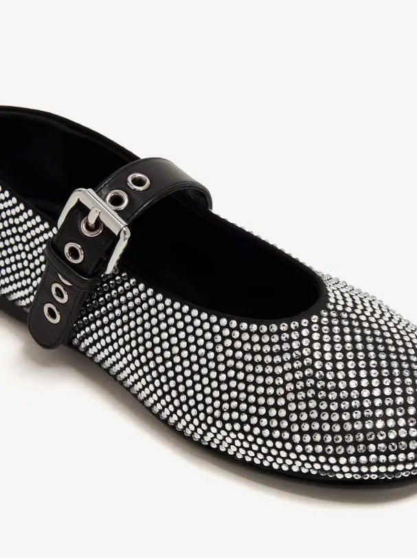 Women’s Crystal-Embellished Black Leather Ballerina Flats