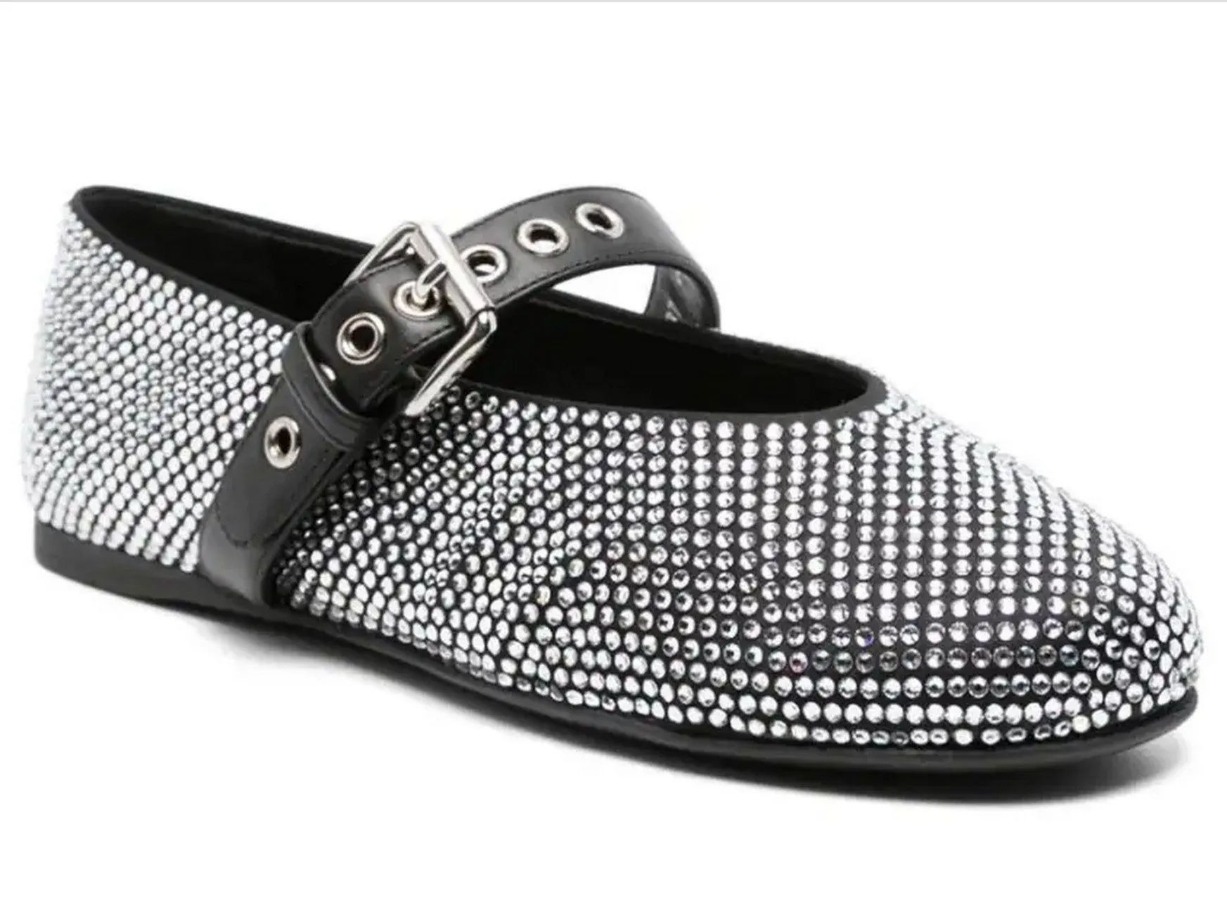 Women’s Crystal-Embellished Black Leather Ballerina Flats