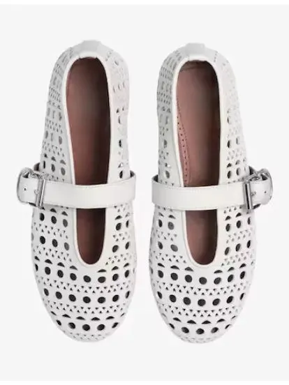 Women’s Cut-Out Buckled Lambskin Ballerina Flats in White