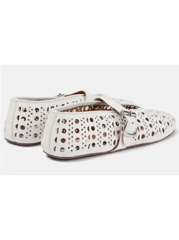 Women’s Cut-Out Buckled Lambskin Ballerina Flats in White